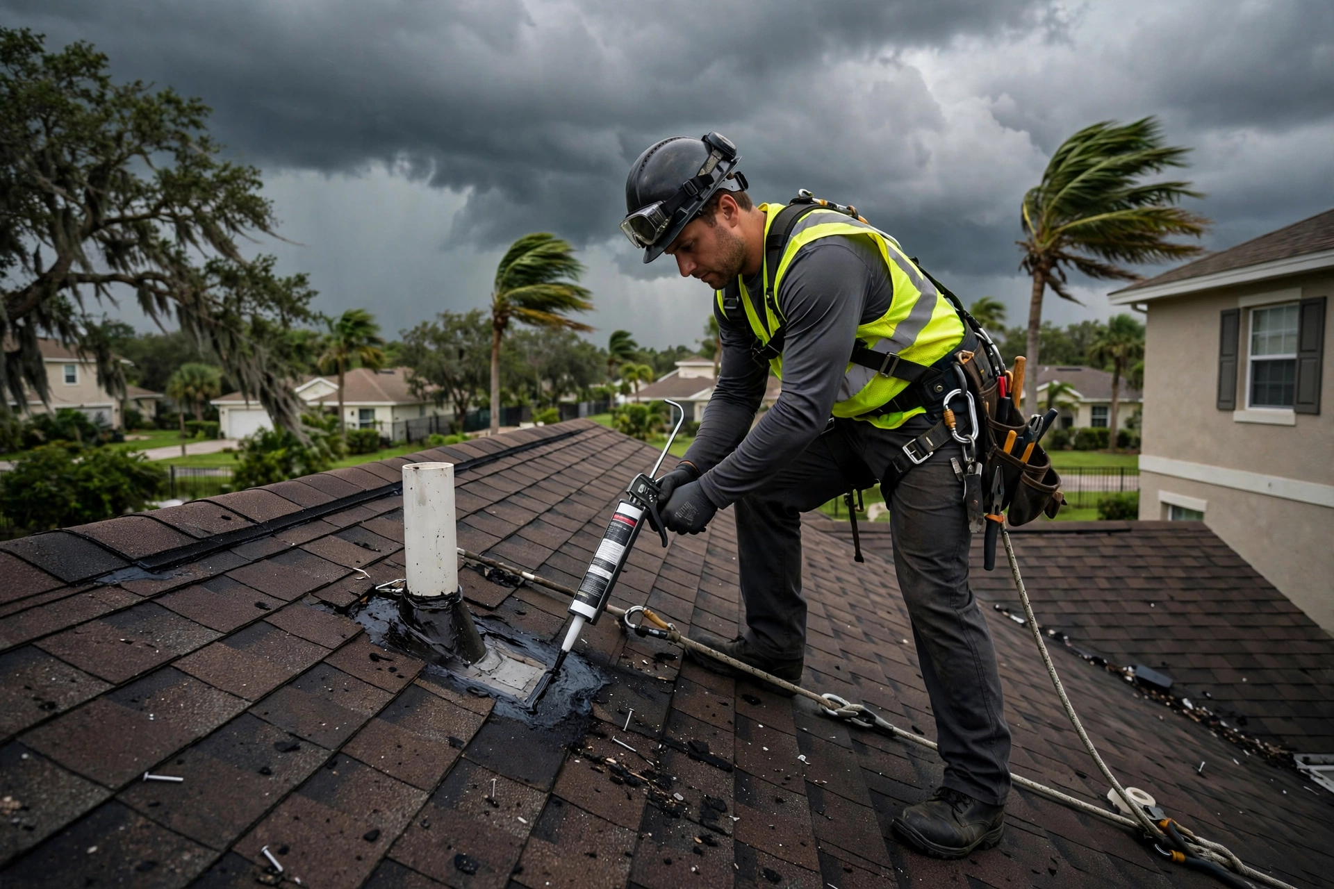 Roofer repairing a roof leak on a Plant City, FL home under storm clouds